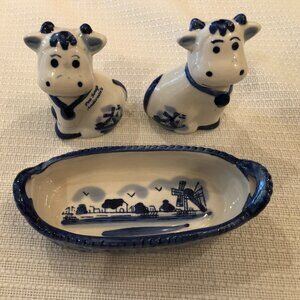 Vintage Delft Blue Bell Cows in Basket Salt and Pepper Shakers Hand Painted